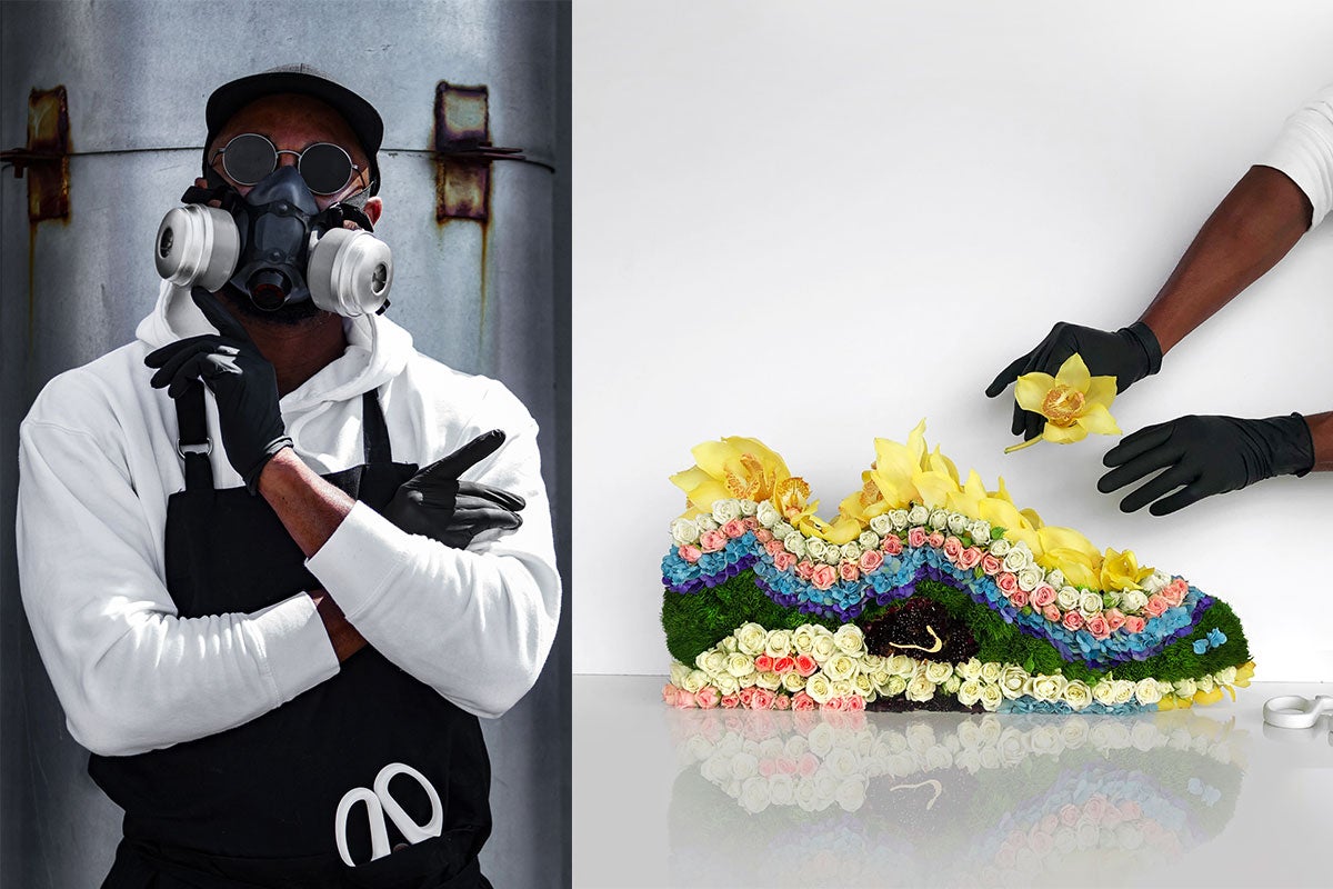 Mr Flower Fantastic concealing his identity with his gas mask, and a photo of his Sean Wotherspoonâs Nike Air Max 1/97 flower creation - Rosalyn Solomon for Swagger Magazine