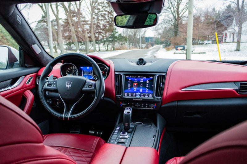 Infotainment System inside the 2019 Maserati Levante GTS in White with Red Interior