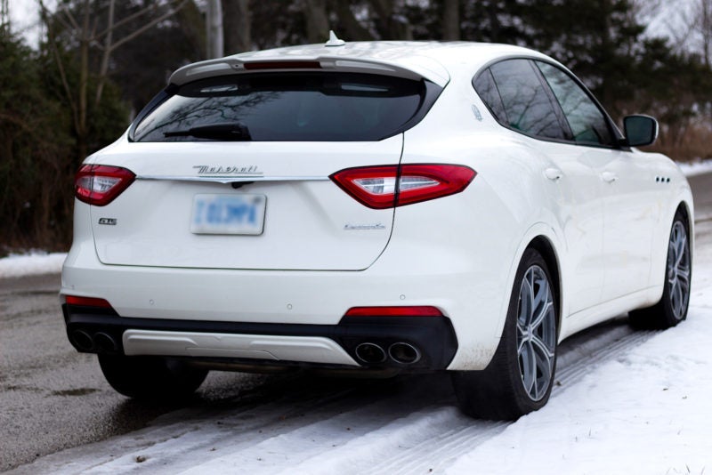 Back bumper view of the 2019 Maserati Levante GTS in white.