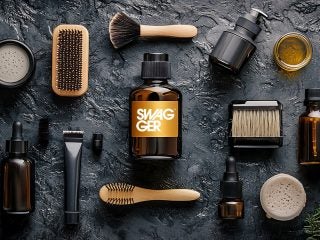 Men’s grooming products flat lay, dark background